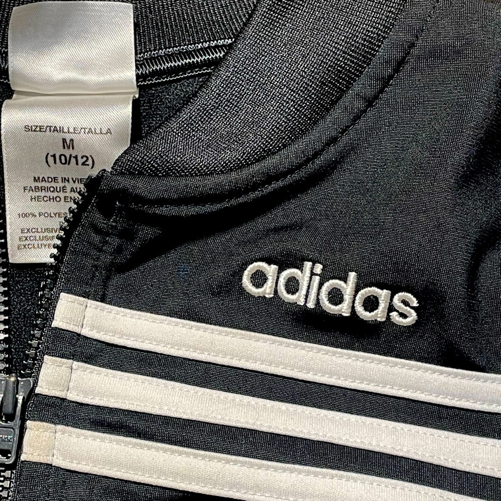 Girls Black Adidas Track Jacket white Accents Full Zip sz M (10/12)